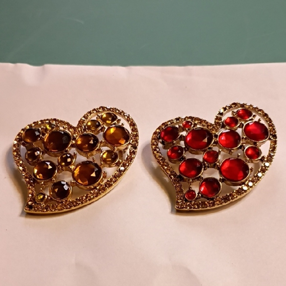 Monet Gold and Red Heart Brooch Set